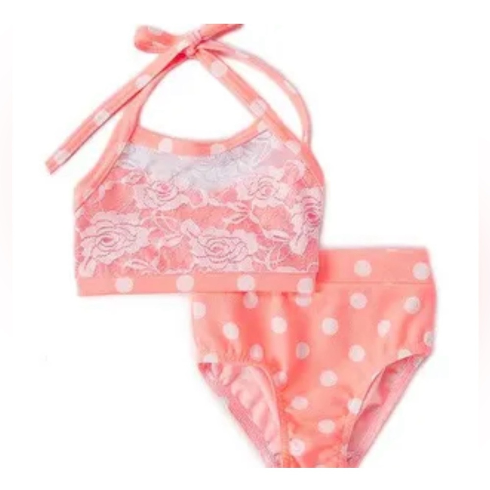Elliewear Coral heart with a lace overlay. Coral and white polka dot brief, XL